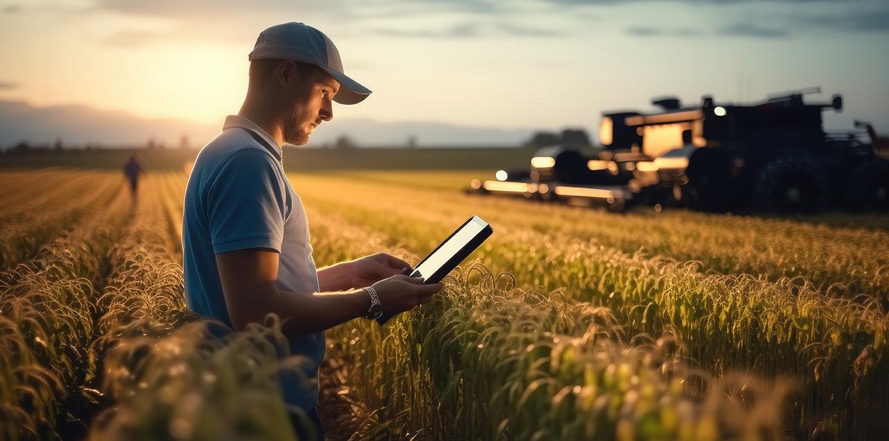 man standing in wheat field using technology to monitor climate changes