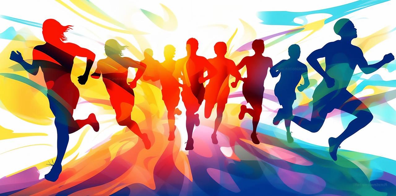 Graphic illustration of the silhouette of various athletes running and jogging on a colorful background