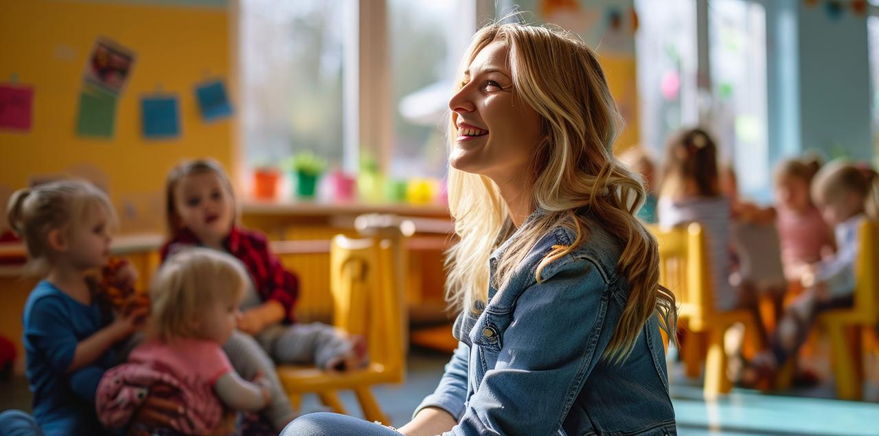 Young teacher sitting on the floor in a kindergarten classroom and smiling.